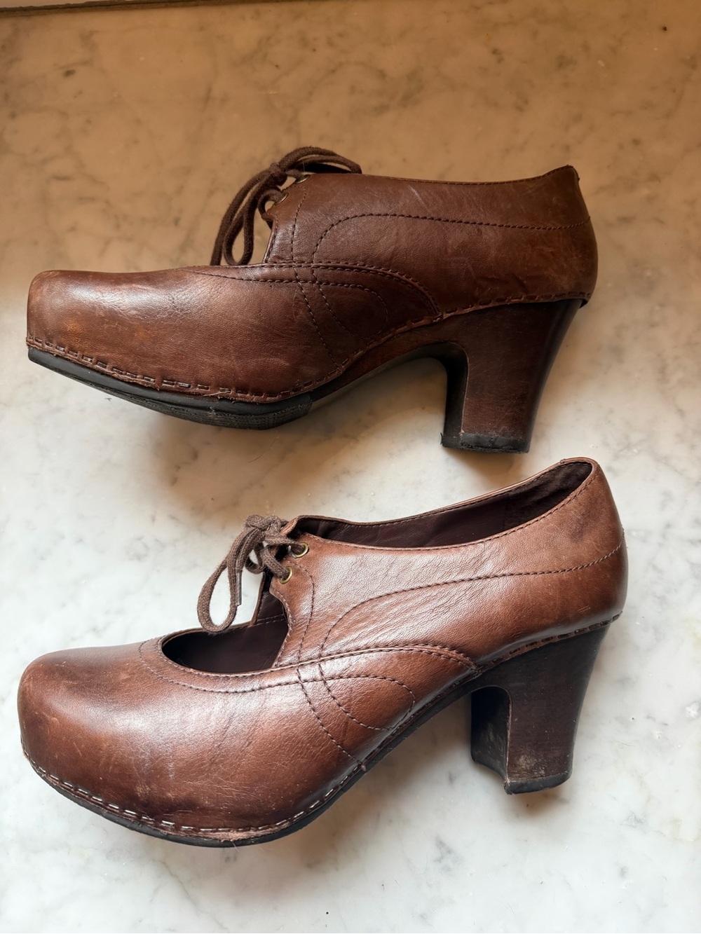 Dansko Brown Leather Lace-Up Mary Jane Heels - Picture 2 of 7